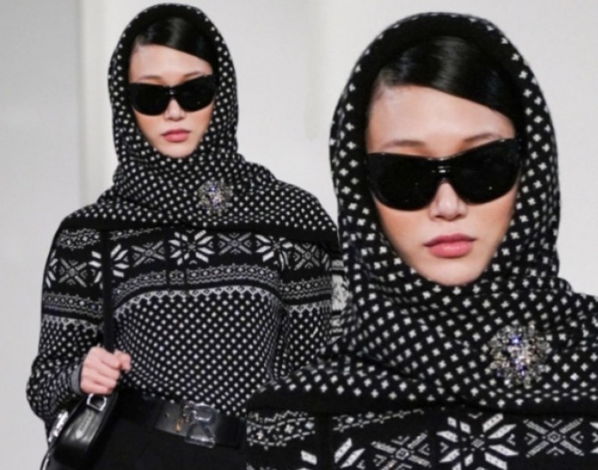 стильные головные платки из трикотажа с клетчатым принтом в черно-белой цветовой палитре - модный показ Ralph Lauren (Нью-Йоркская неделя моды)