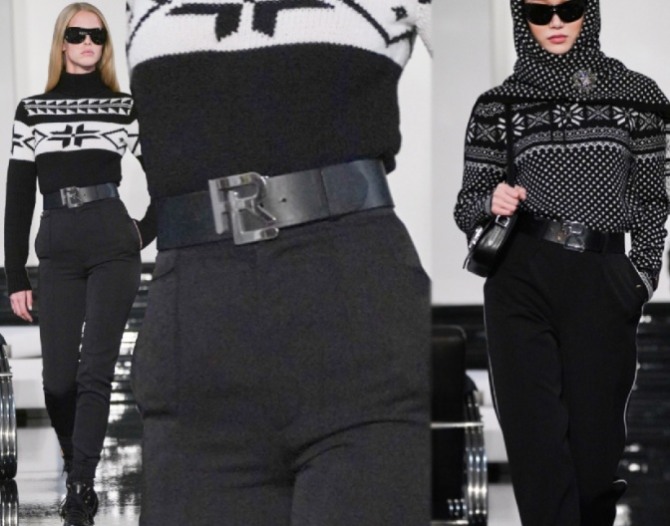 черно-белый образ - вязаный свитер, заправленный в брюки с кожаным ремнем - тренды в моде на женские брюки 2023 года