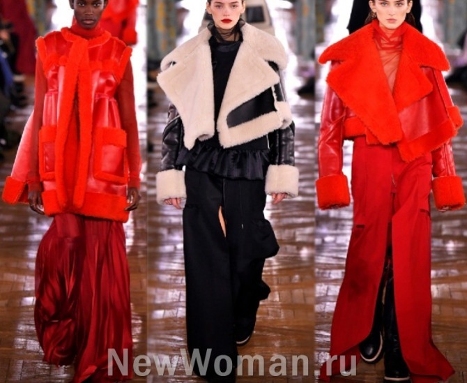женские дубленки 2023 года в стиле тотал-ред и тотал-блэк - красного и черного цвета с парижской недели моды - без рукавов и укороченные