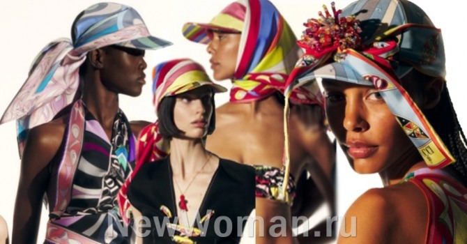 мода на летние курортные головные женские уборы 2023 - тандем бейсболки и набивного шелкового платка ярких расцветок, фото Emilio Pucci (Италия)