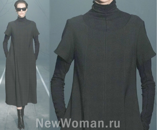 мода для пожилых женщин 2023: тотал-блэк, платье-сарафан поверх водолазки