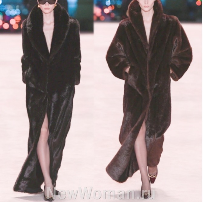 элегантные длинные узкие меховые пальто из искусственной коричневой норки с шалевым воротником - фото из коллекции на 2023 года модного дома Saint Laurent - парижская неделя моды