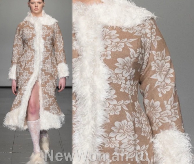 женское зимнее шерстяное светло-коричневое пальто с ручной росписью белыми цветами и отделкой из белого искусственного меха