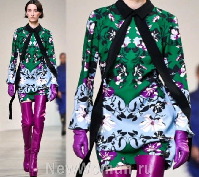 Яркое платье мини с цветочным рисунком с ботфортами цвета фуксии - тренды от модного дома Elie Saab (Парижская неделя моды)  на 2023 год