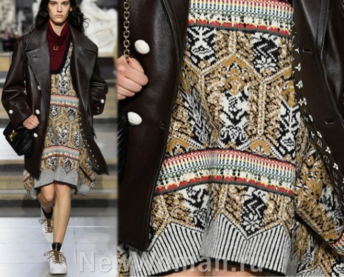 люксовая женская одежда сезона осень-зима 2023 от модного дома Louis Vuitton (Парижская неделя моды)  - трикотажное зимнее платье-сарафан с этническим рисунком