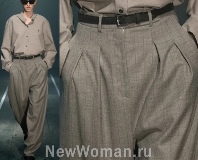 какие женские брюки модные в 2023 году - с высокой посадкой, складками и пояса, зауженные внизу штанин