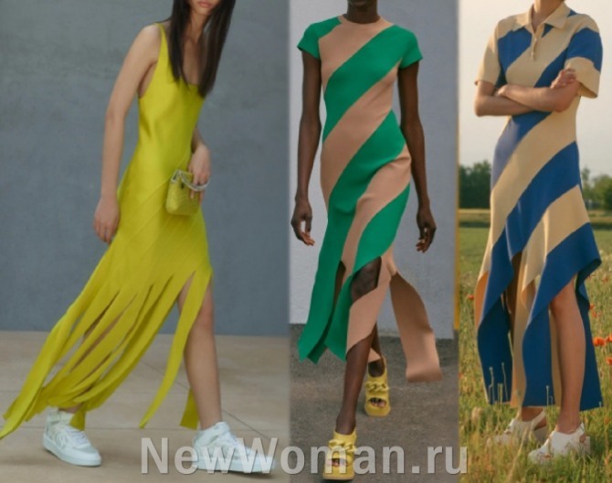 летние платья из одноцветных и цветных полос, скроенных по диагонали 