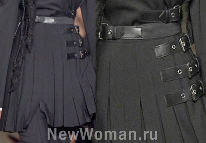 молодежная мода 2023 в женской одежде - юбки в складку поверх брюк, кожаные ремни на поясе и сбоку юбки