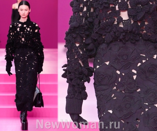 женский черный ажурный костюм из вязаного верха и замшевого низа - одного цвета и текстуры, но из разных материалов