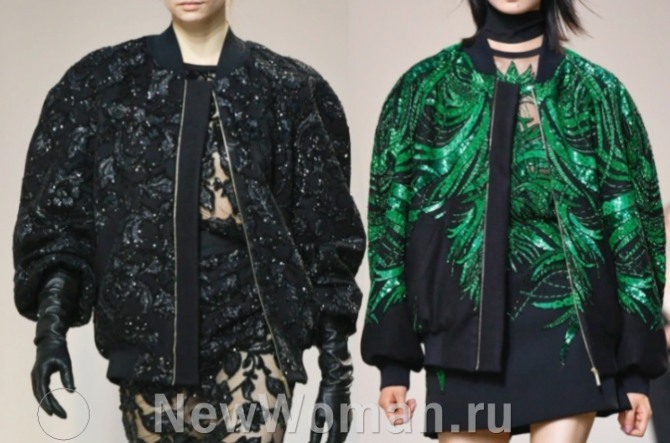 женская тканевая куртка бомбер 2023 года с акцентом на широкие закругленные плечи - с блестками и аппликациями - Elie Saab (Парижская неделя моды) на 2023 год