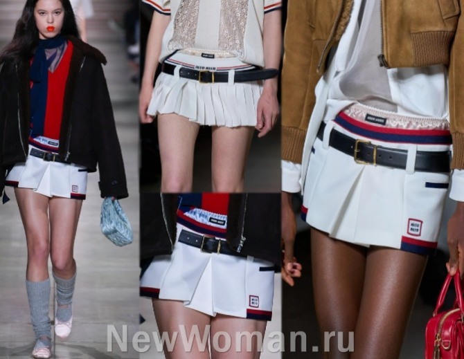 белые мини-юбки 2023 года с низкой посадкой и кожаными ремнями, плиссировка и бантовые складки, молодежный стиль нулевых Y2K (“уай-ту-кей”)