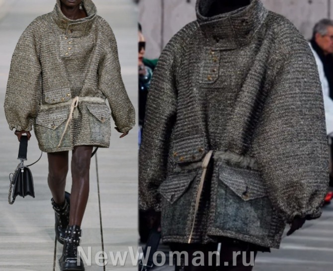 женская модная куртка-парка из грубой шершавой ткани - с высоким объемным воротником-стойкой