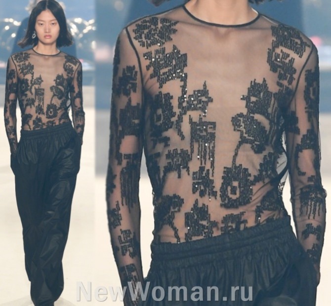 черная блузка 2023 с длинным рукавом из сетки с вышивкой и блестками