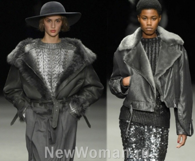 модная демисезонная женская верхняя одежда 2023 года - черные кожаные короткие куртки с меховой отделкой бренда Alberta Ferretti (Италия)