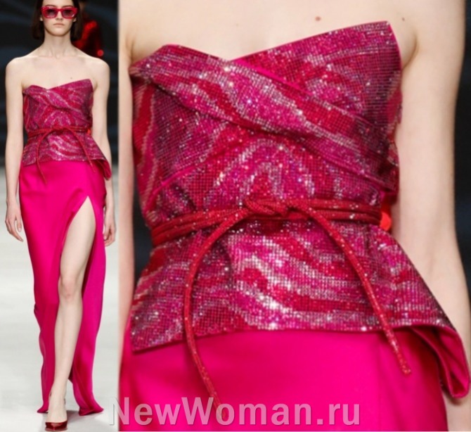 роскошный элегантный вечерний наряд в красной цветовой гамме - узкая юбка макси с очень высоким разрезом и топ-бандо с вышивкой из блестящих серебряных нитей