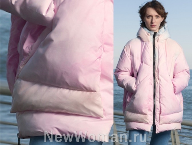 женская куртка с капюшоном пыльно-розового цвета с необычными дутыми карманами