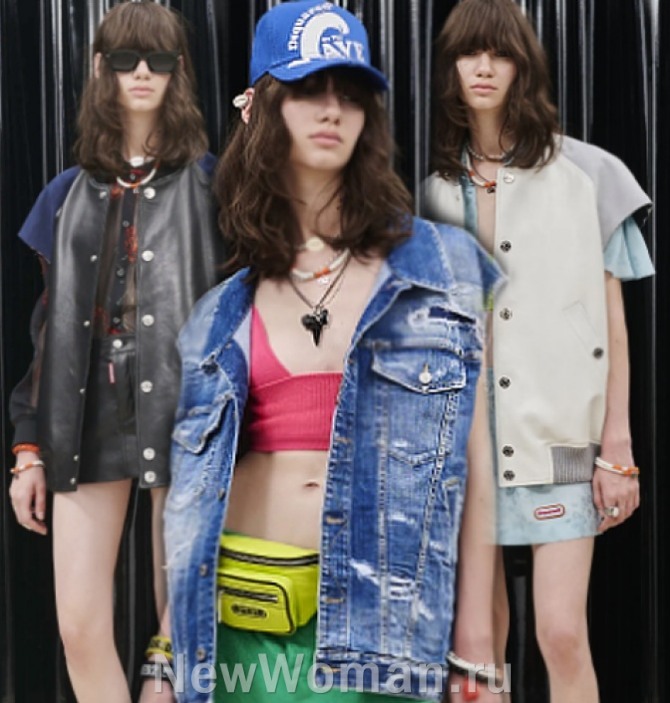 фото с подиума молодежных курток для девушек без рукавов - летние образы 2023 года от бренда Dsquared2, Милан, Resort 2023