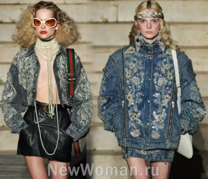 куртки 2023 года для девушек, тренд джинсовая летняя куртка с вышивкой - фото подиум Gucci, Милан, Resort 2023