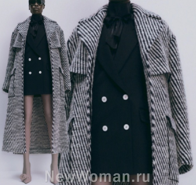 шерстяное женское пальто без застежки - шерсть в косую полоску, черно-белый принт