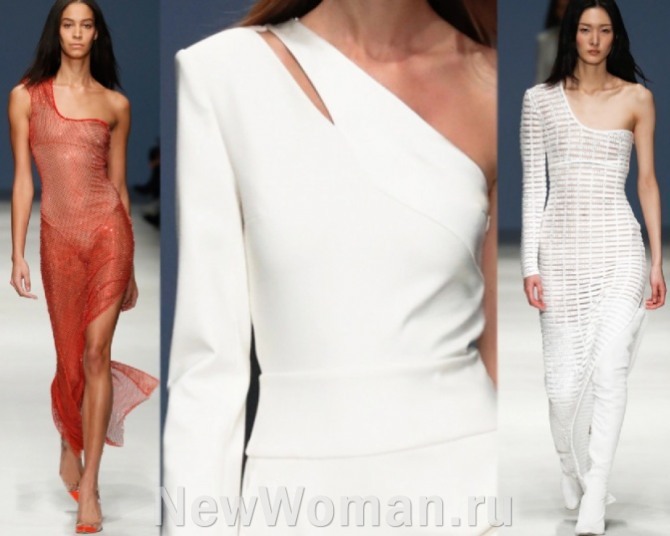 какие вечерние платья модные в 2023 году - с асимметрией на одно плечо с одним длинным рукавом
