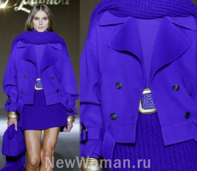 весенний образ 2023 в фиолетовых тонах - куртка, юбка, водолазка, сумка, шарф - стиль тотал-лук