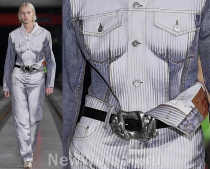 джинсовый женский костюм с напылением и атласными вставками