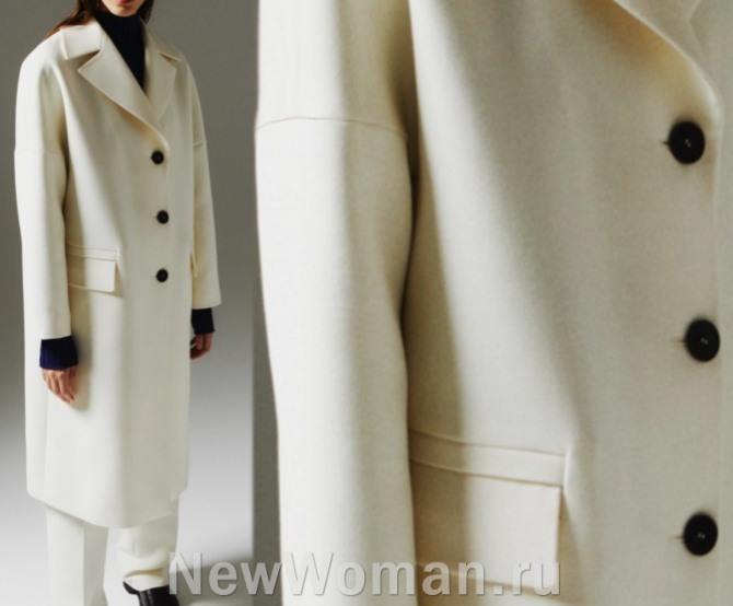 белое пальто классического фасона, Милан, горячий тренд пальтовой женской моды 2023 года - пальто поверх черной водолазки
