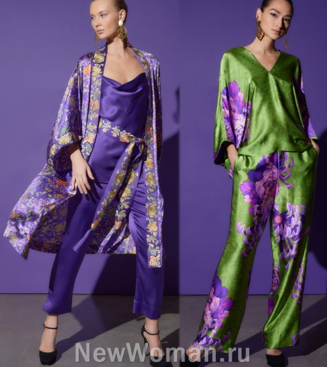 шелковые женские брючные костюмы-комплекты  с блузами- подиум 2023 года