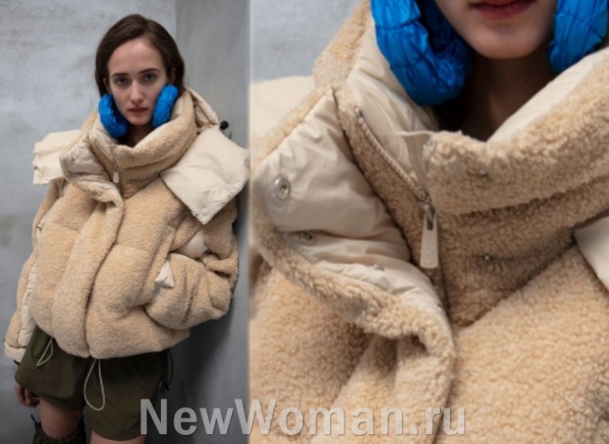  молодежная куртка для девушек из меха чебурашка - короткая модель с капюшоном и дополнительным воротником-стойкой - зимний стиль 2023