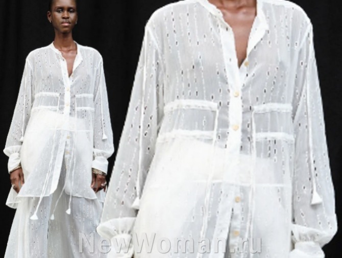 модные блузы 2023 года - ткань белое шитье из хлопка с мерешкой