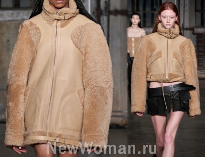 модели комбинированных бежевых курток 2023 - кожа плюс мех чебурашка, фото с подиума от бренда Dion Lee (Нью-Йоркская неделя моды) 