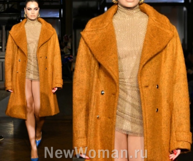 женское демисезонное пальто 2023 апельсиново-морковного цвета длиною до колена