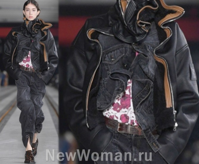 двухслойность в женской одежде 2023 года - кожаная куртка поверх джинсовой