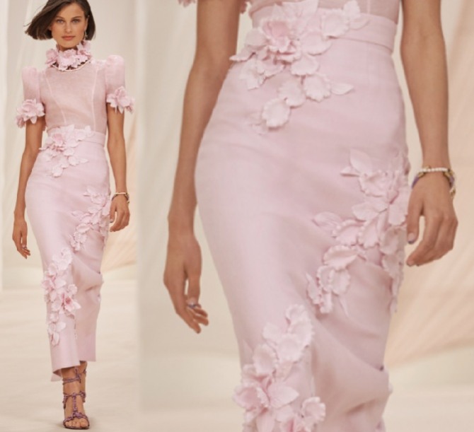 прямая вечерняя юбка мидакси с объемными цветочными аппликациями цвета чайной розы