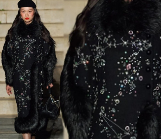 черное зимнее пальто от модного дома Gucci, сезон Зима 2023 - с вышивкой, стразами, пайетками и меховой отделкой 