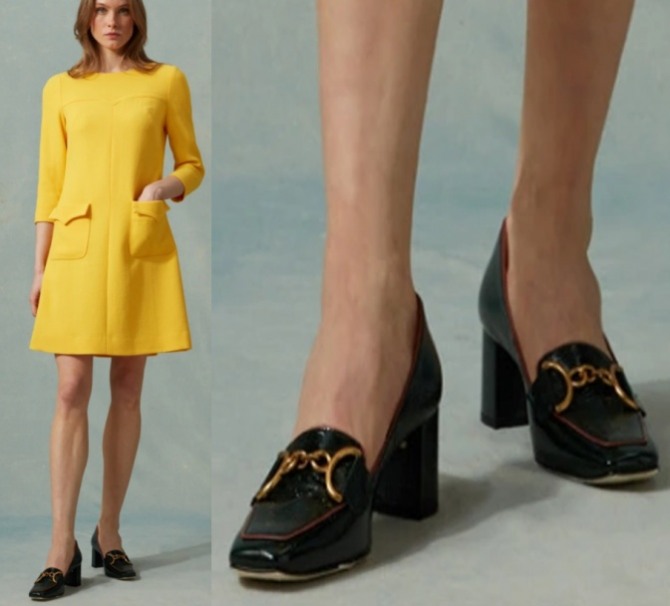 --стильные образы 2023 года для девушек с желтым платьем и черными туфлями-лоферами, бренд Jane, лондонская Неделя моды