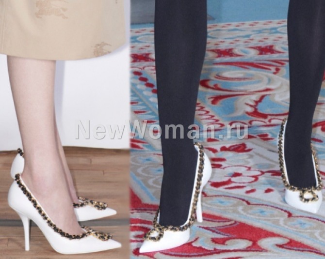 белые кожаные туфли лодочки с металлическим декором от модного дома Burberry Resort 2023, Лондон