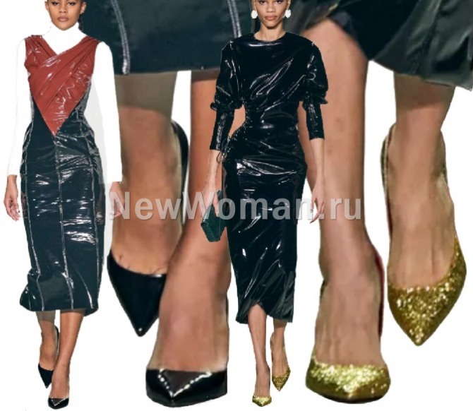 вечерние туфли-лодочки - черный лак и золото, с каким нарядом создать стильный образ в 2023 году, фото - Bibhu Mohapatra FALL 2022 READY-TO-WEAR (Нью-Йоркская неделя моды)