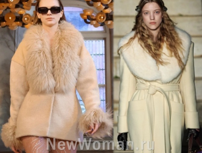  накладные или втачные меховые воротники - тренд зимней женской пальтовой моды 2023