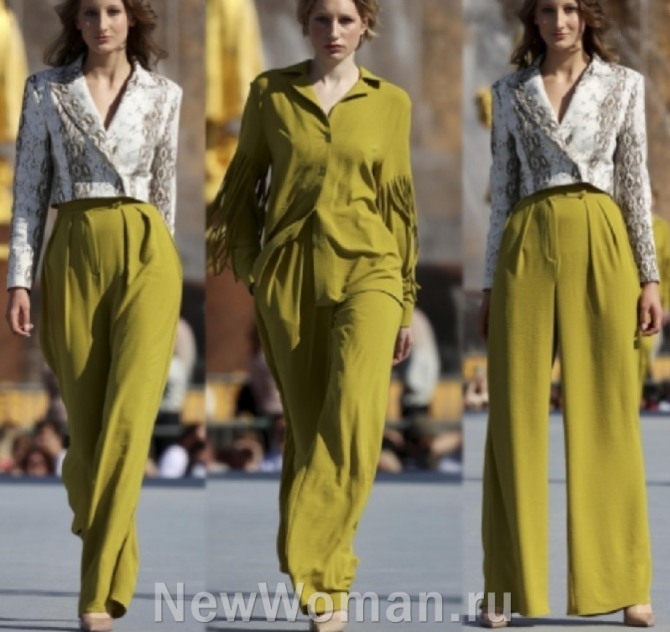 с чем носить брюки горчичного цвета - образы с подиума Mila Anderst Moscow Fashion Week