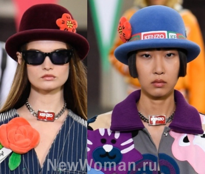 красивые, стильные, модные женские шляпы 2023 года - шляпа-котелок из бордового и голубого велюра