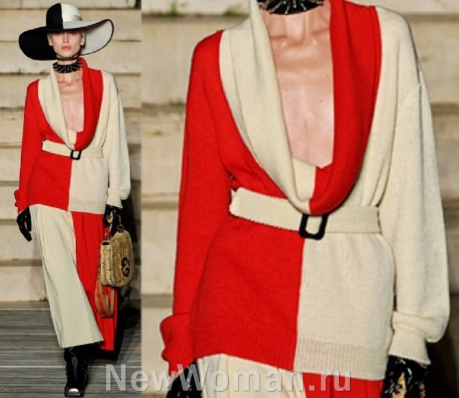 модный костюм для пожилых леди в красно-кремовых тонах, юбка мидакси и блуза-туника с поясом и шалевым воротником - Gucci, Resort 2023, Италия