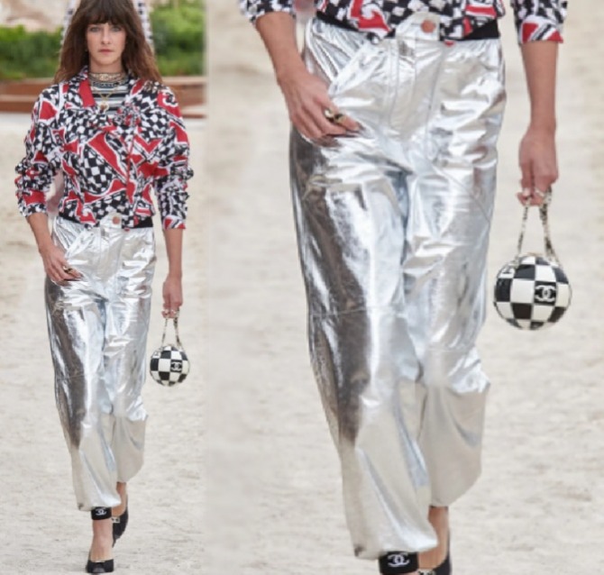 женские брюки прямого силуэта на манжете из металлизированной серебряной "космической" ткани