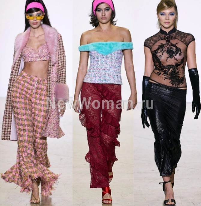 вечерние нарядные женские брюки 2023, оголяющие живот - из твида, прозрачного тюля и черной блестящей ткани, модный показ Kim Shui, Нью-Йорк