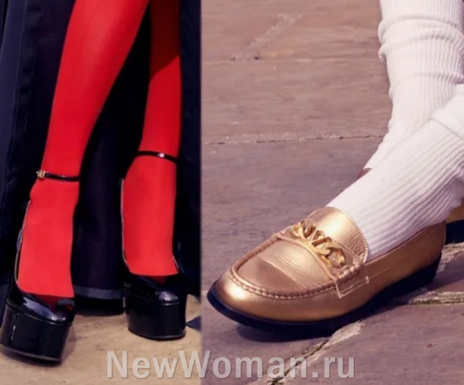 черные туфли 2023 на платформе с красными чулками и бежевого цвета лоферы на жесткой подошве с невысоким каблуком - французская обувь от Valentino PRE-FALL 2022, Неделя моды в Париже