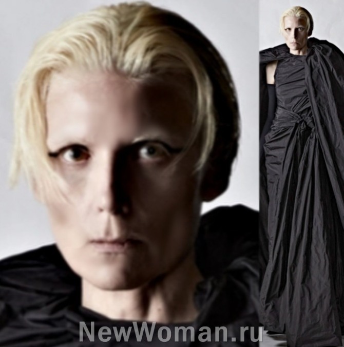 готический вечерний женский образ 2023 со стрижкой блонд каре на ножке без челки