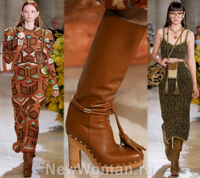 модные кожаные женские сапоги 2023 года с деревянной подошвой и заклепками по типу женских сабо в комплекте с трикотажной одеждой
