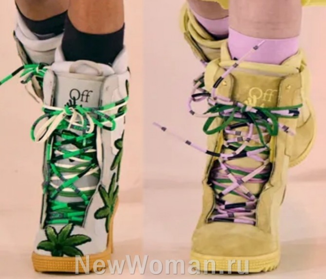 модная женская уличная обувь в спортивном стиле - сникерсы на резиновой подошве на каблуке - фото из коллекции Off-White (Парижская Неделя моды)