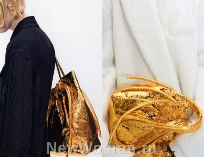 большие плечевые женские сумки мешки с золотым напылением