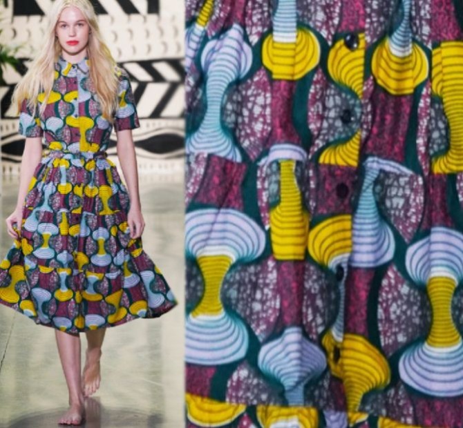 летнее платье 2023 года из штапеля со стилизованным ярким разноцветным принтом в стиле арт-деко - фото с подиума Studio 189, SPRING 2023 READY-TO-WEAR, Нью-Йоркская Неделя моды